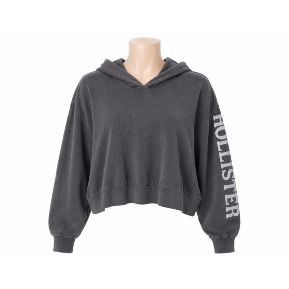 Hollister Womens Cropped Hoodie Gray Long Sleeve Logo Graphic Sweatshirt Large